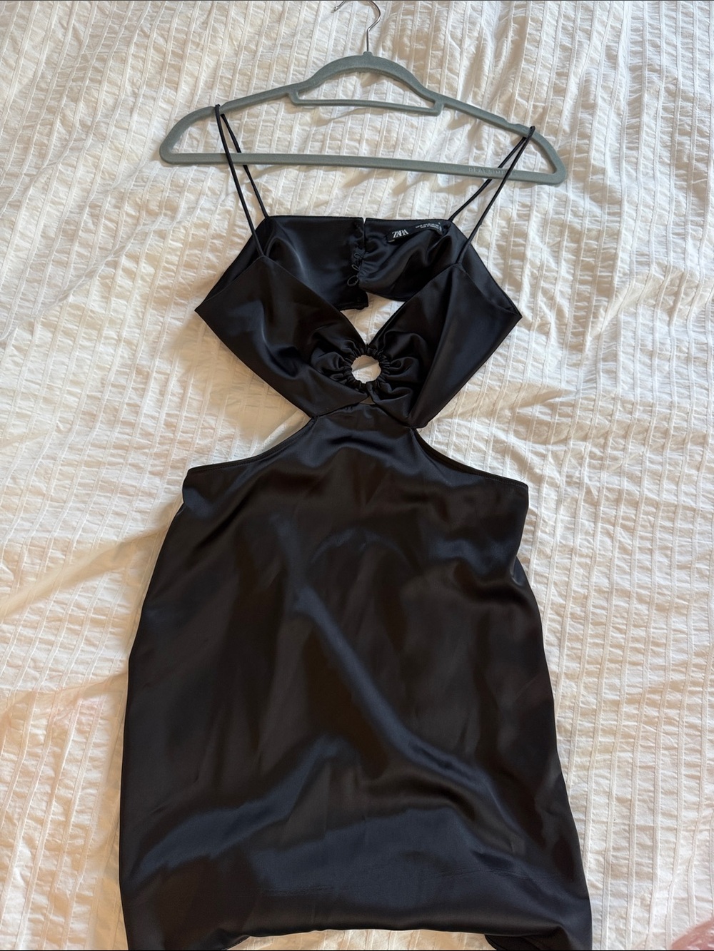 Zara Black Satin Cutout Mini Dress with Ring Detail